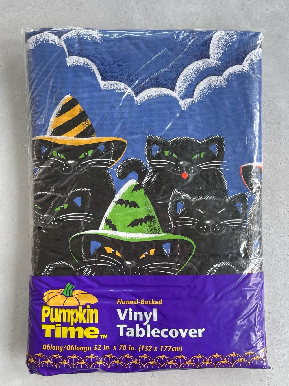 Vintage Halloween Vinyl Tablecloth Witchy Black Cats Pumpkin Time 90s 52”x70”